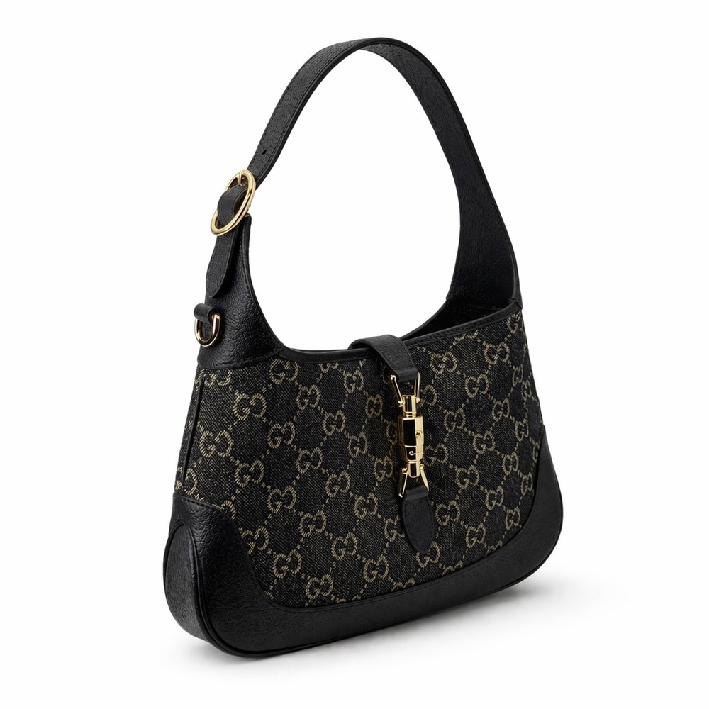 Gucci Jackie 1961 Small Black Denim GG Bag w/ Leather + Web Straps - Picture 2 of 7